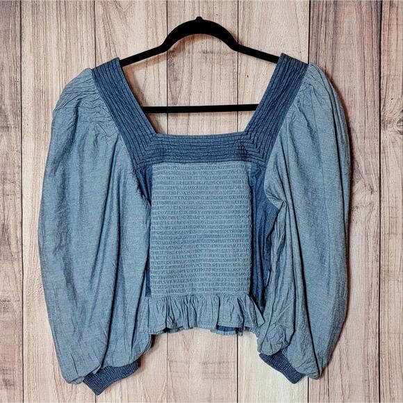 NWT Love the Label Anthropologie Smocked Puff Sleeve Denim Blouse - Picture 3 of 8